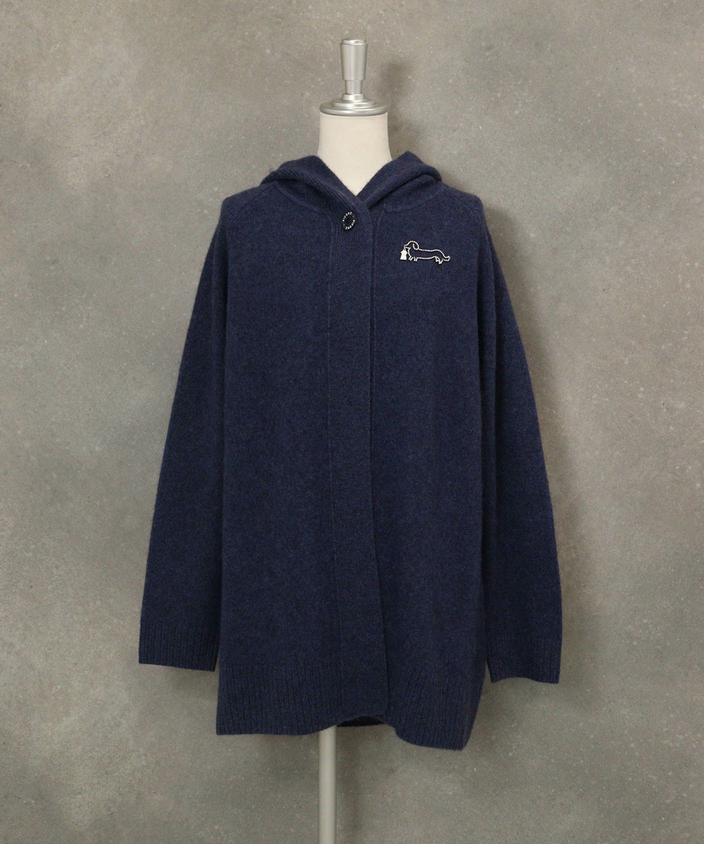ヤク100％フードニットカーディガン（ネイビー）