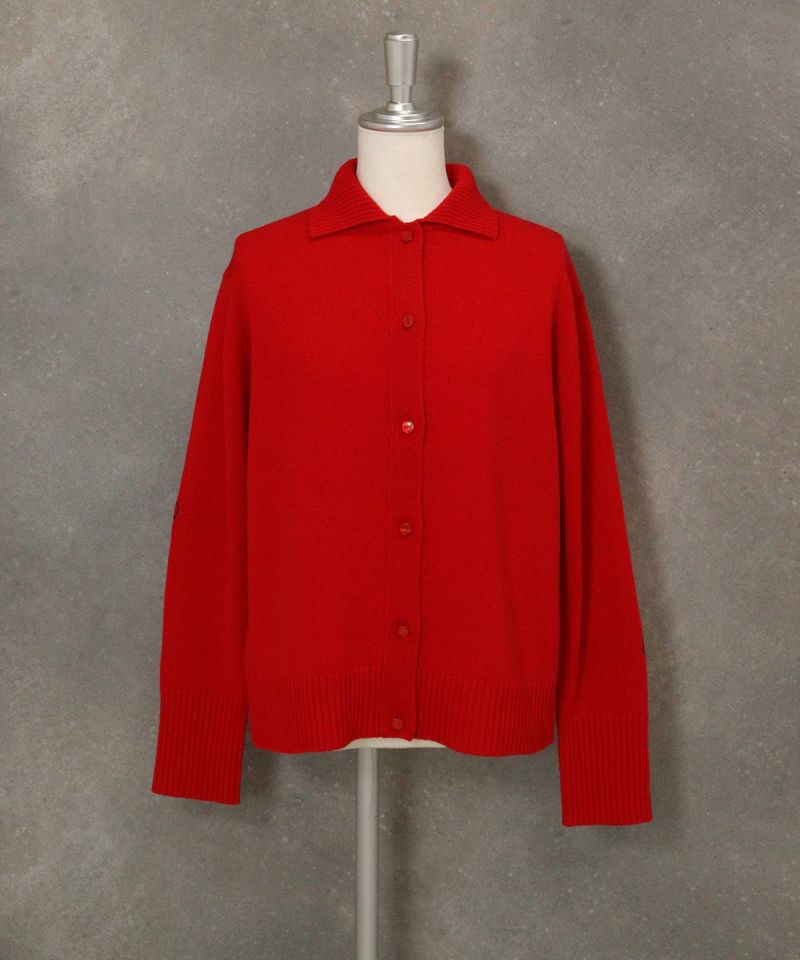 ウール100％袖刺繍ニットカーディガン（レッド）