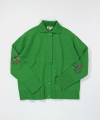 ウール100％袖刺繍ニットカーディガン（グリーン）