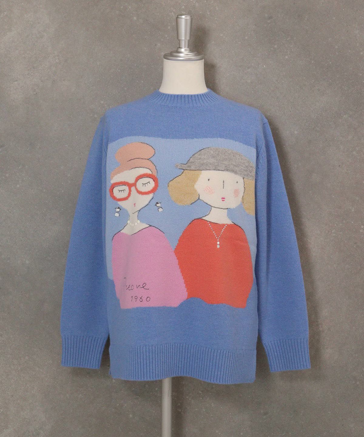 ウール100％BIGイラストニット（ブルー）