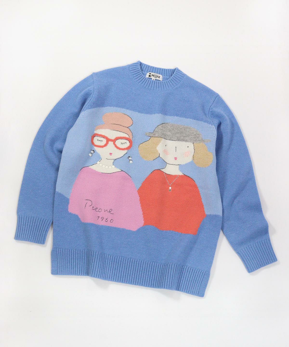 ウール100％BIGイラストニット（ブルー）