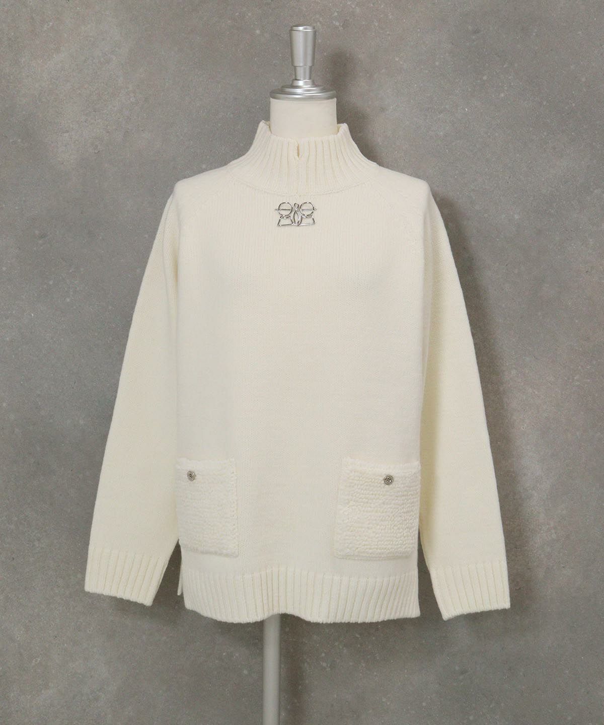 ウール混パイル風ポケットニット（ホワイト）