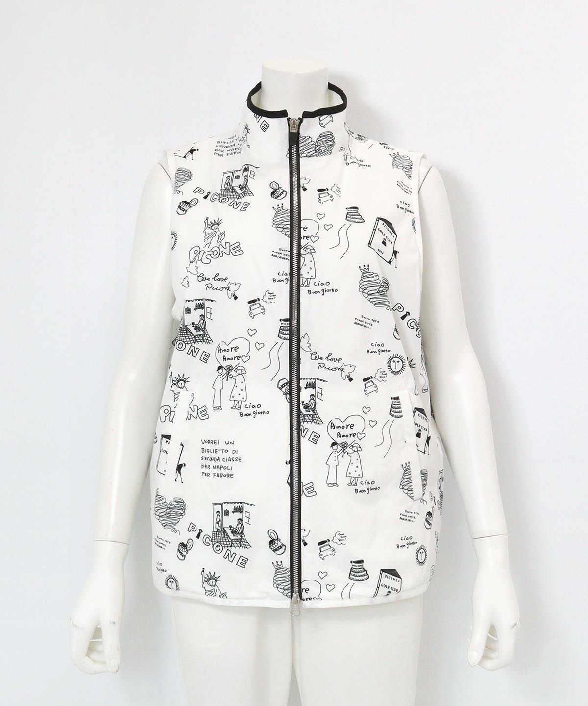 保温撥水総柄ジップベスト(ホワイト)前