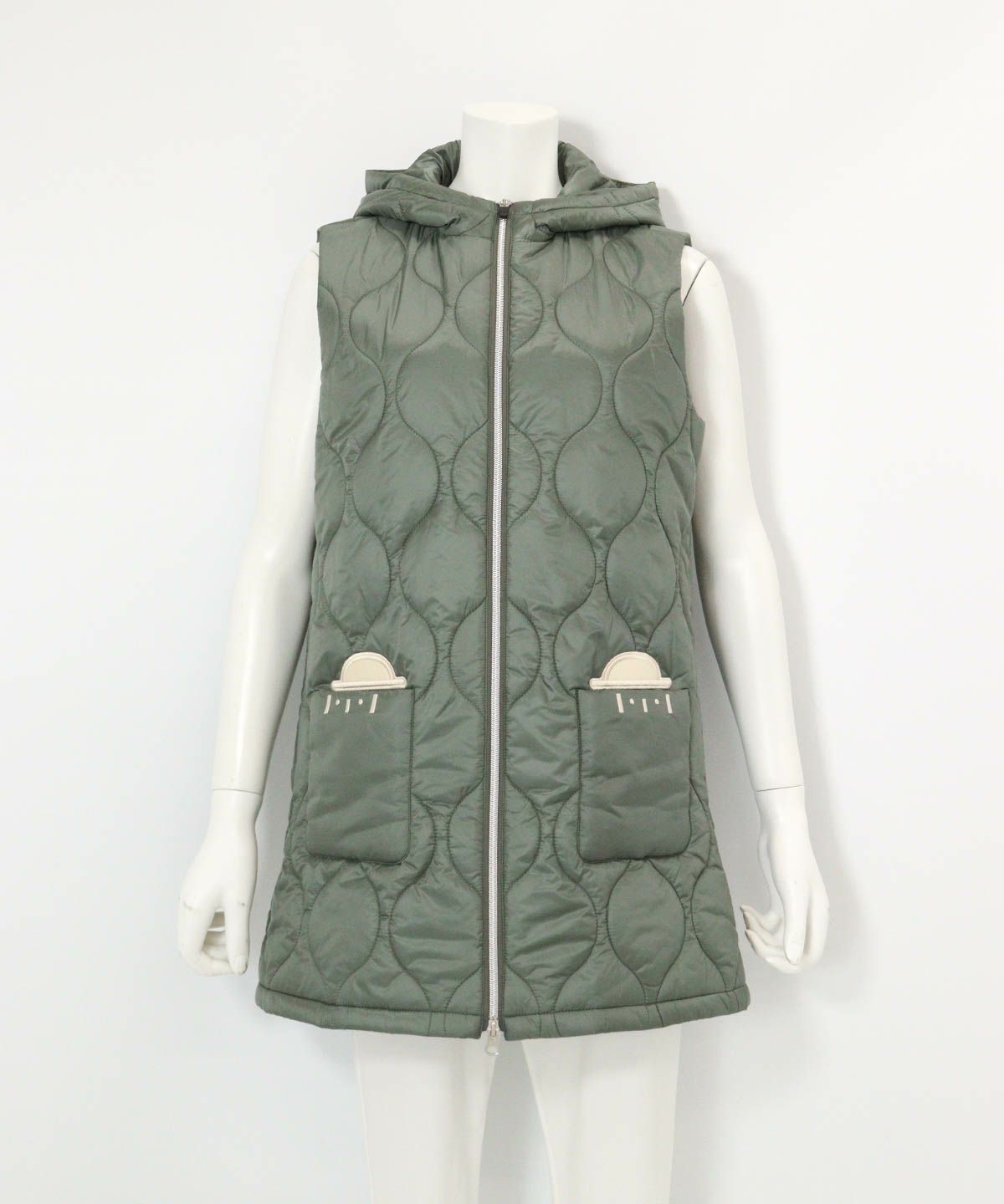 防風保温キルティング中綿ベスト(カーキ)前