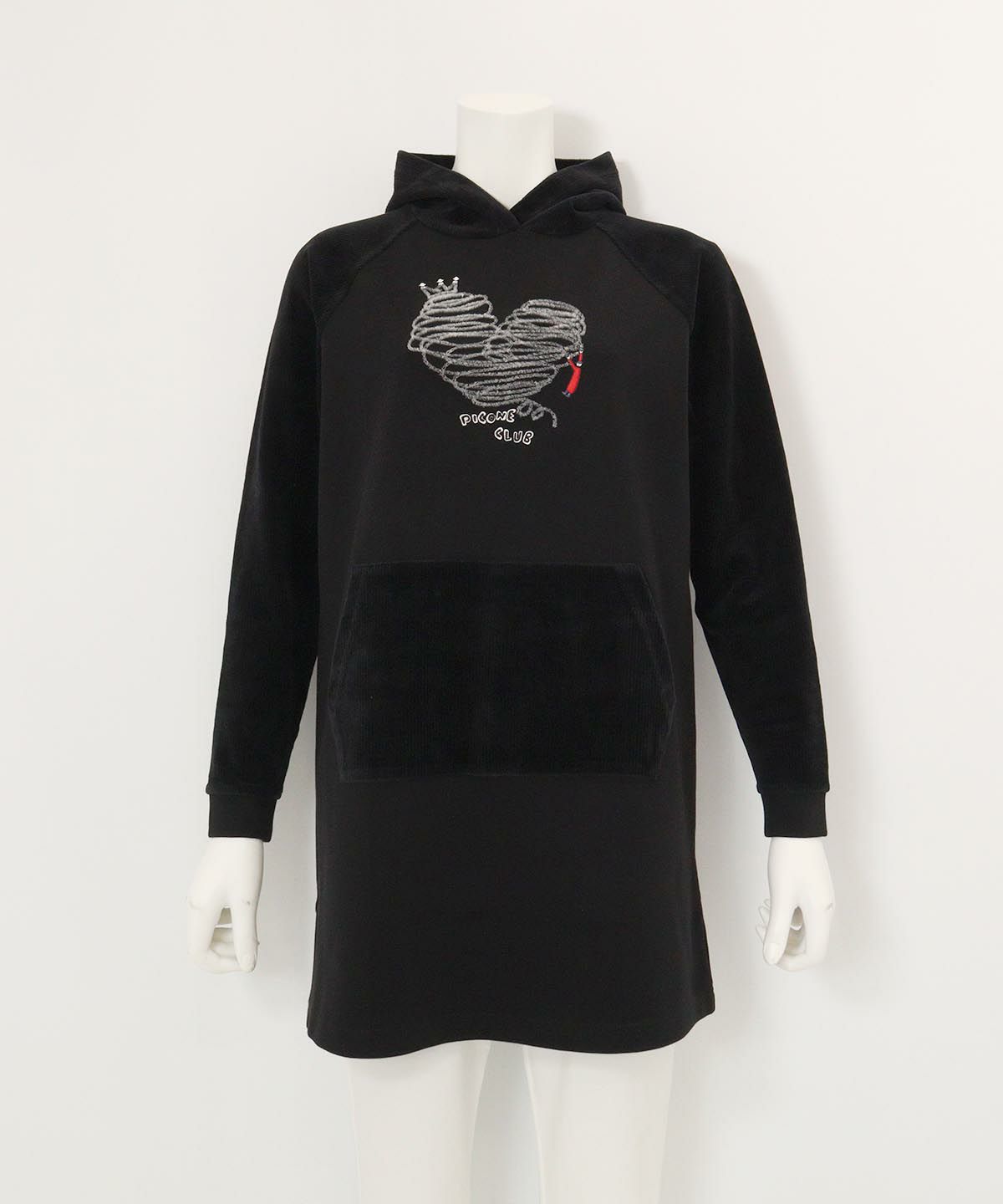 フワリ刺繍発熱チュニック丈パーカー(ブラック)前