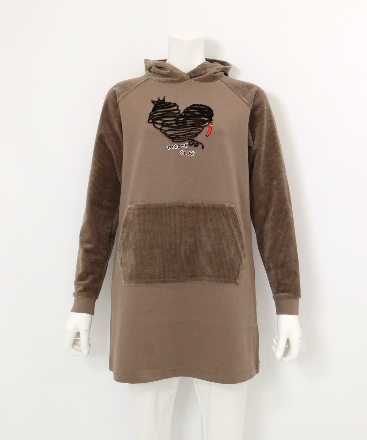 フワリ刺繍発熱チュニック丈パーカー(ブラウン)前