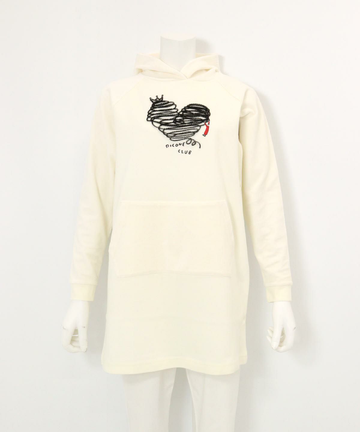 フワリ刺繍発熱チュニック丈パーカー(ホワイト)前