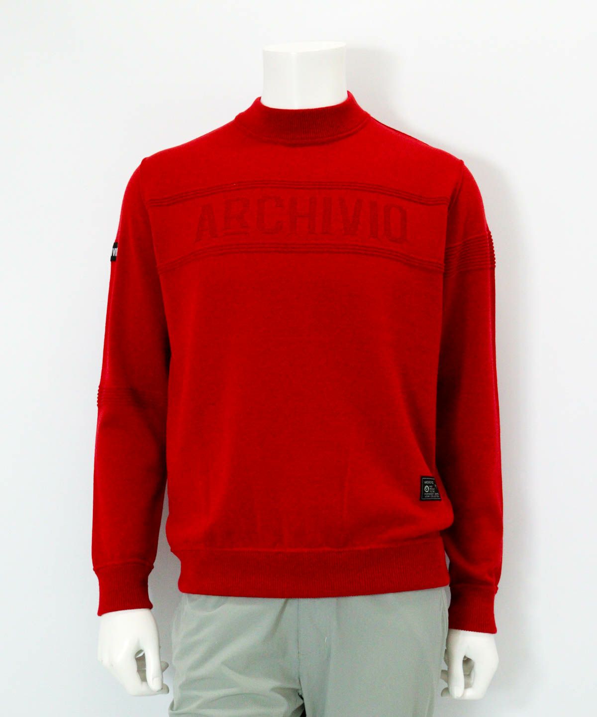 【メンズ】ウール100％地柄編みロゴニット（レッド）