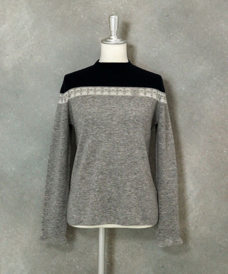 ウール100％ピコライン配色ニット（ネイビー×グレー）