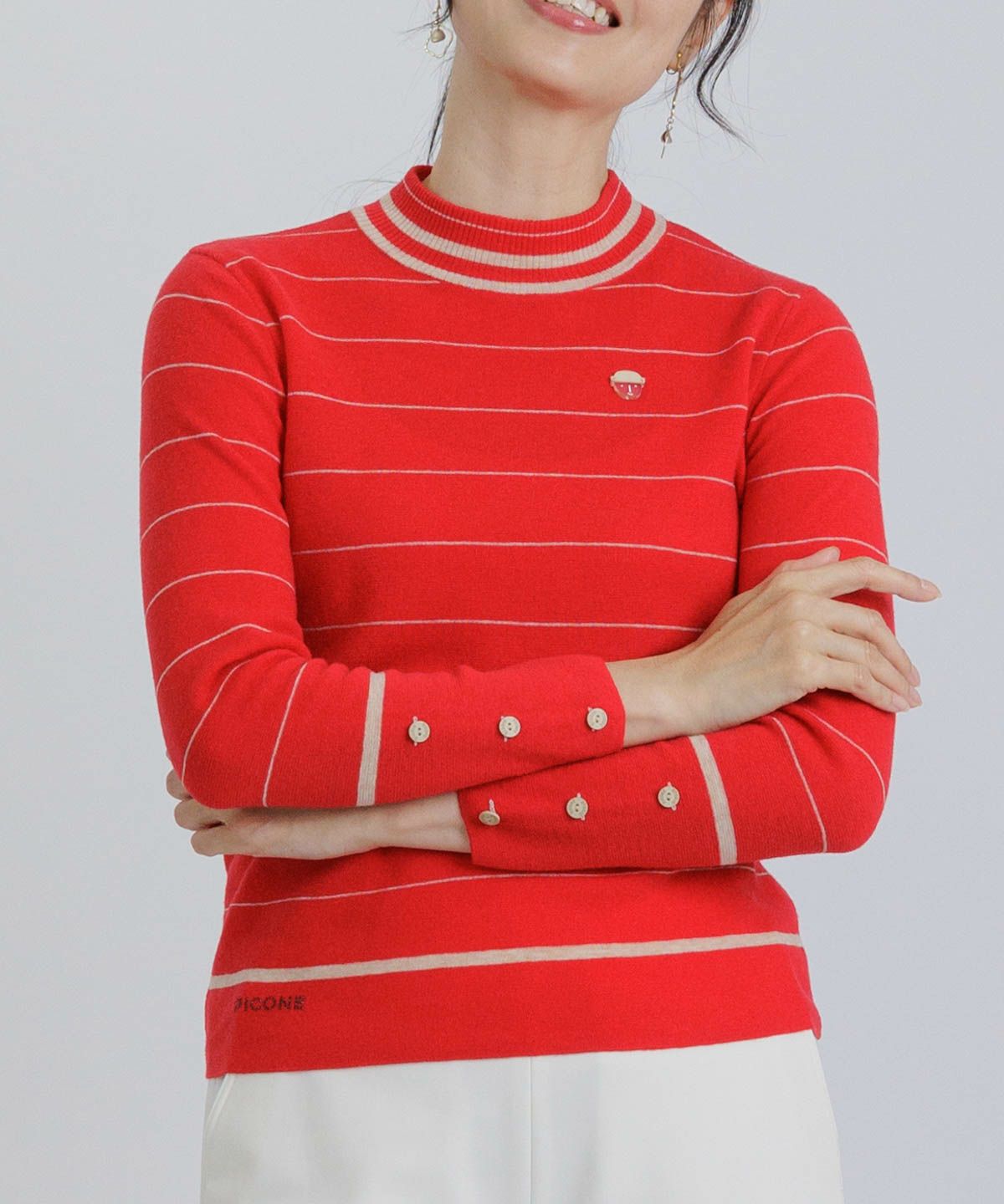 ウール100％細ボーダーニット（レッド）