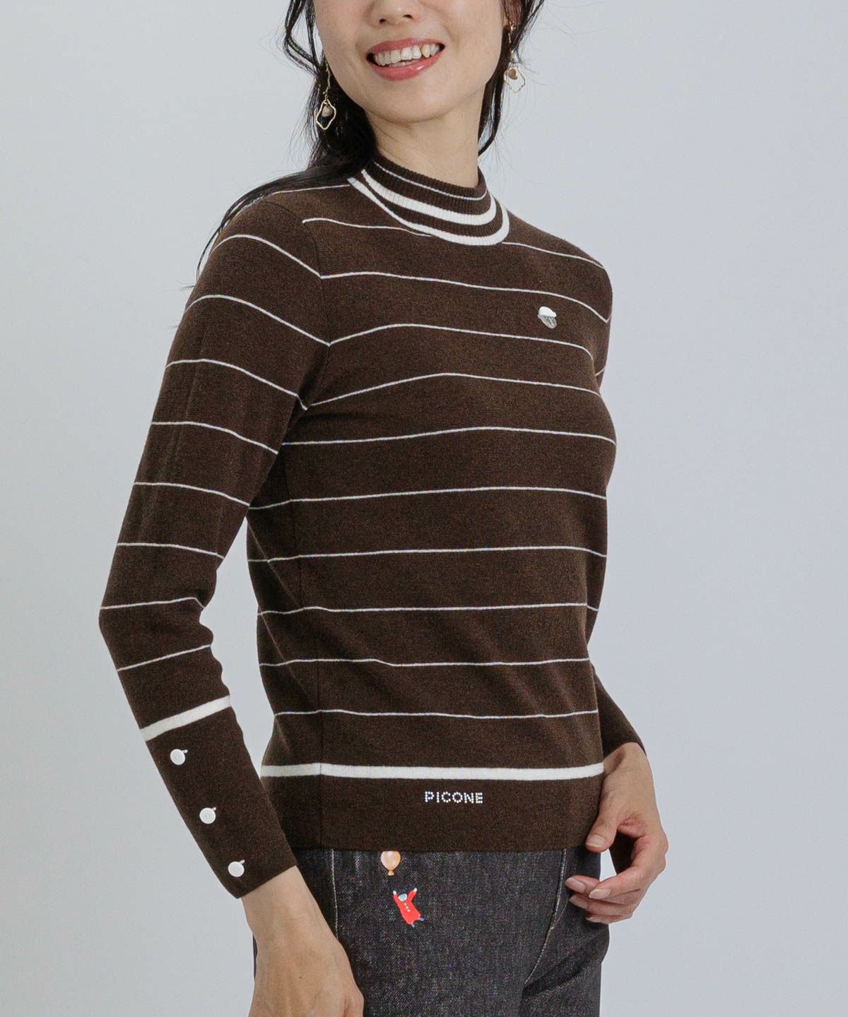 ウール100％細ボーダーニット（ブラウン）