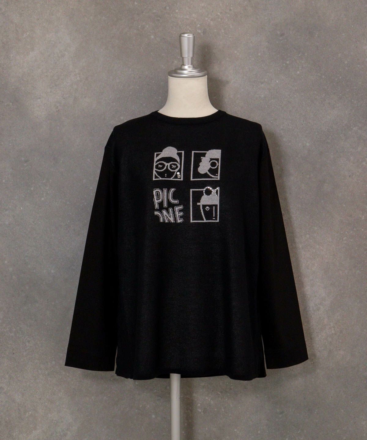 異素材切替イラストニット（ブラック）