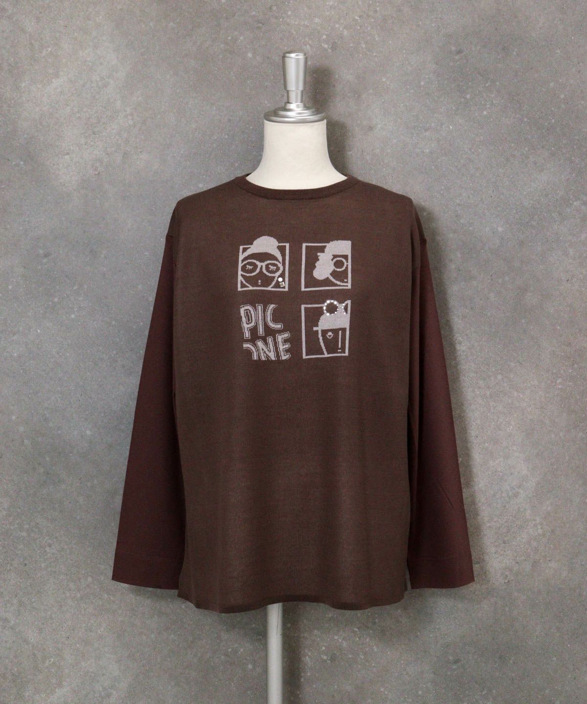 異素材切替イラストニット（ブラウン）