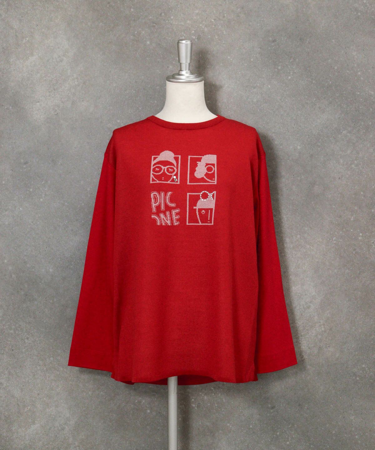 異素材切替イラストニット（レッド）