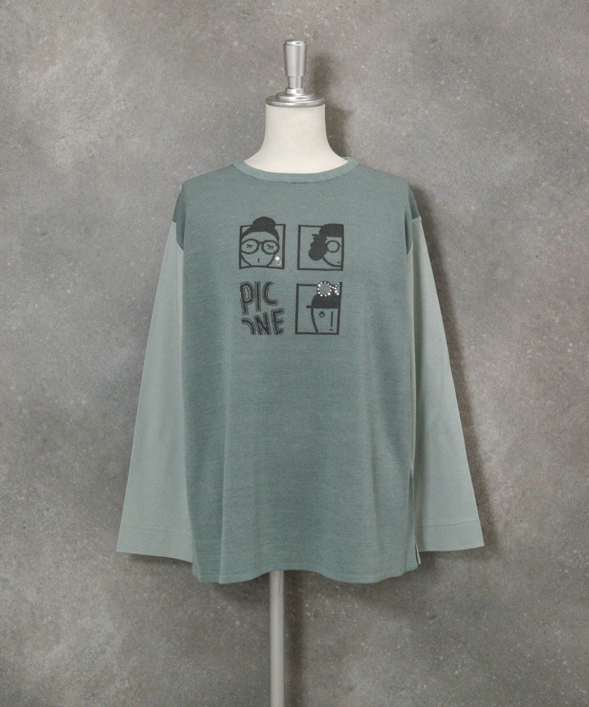 異素材切替イラストニット（グリーン）