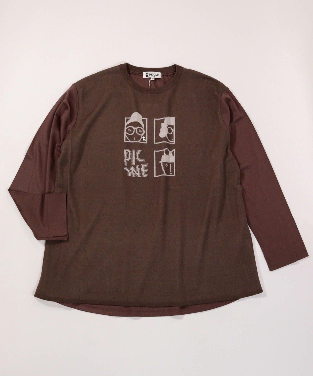 異素材切替イラストニット（ブラウン）