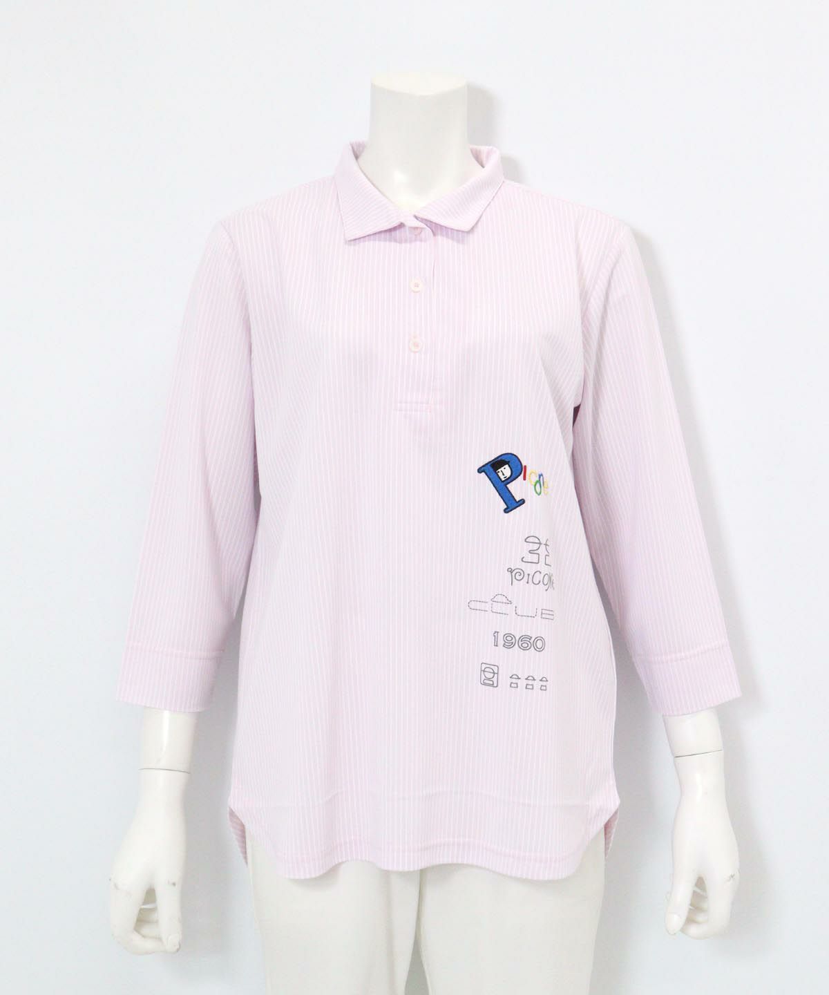 ストライプ柄七分袖シャツ(ピンク)前