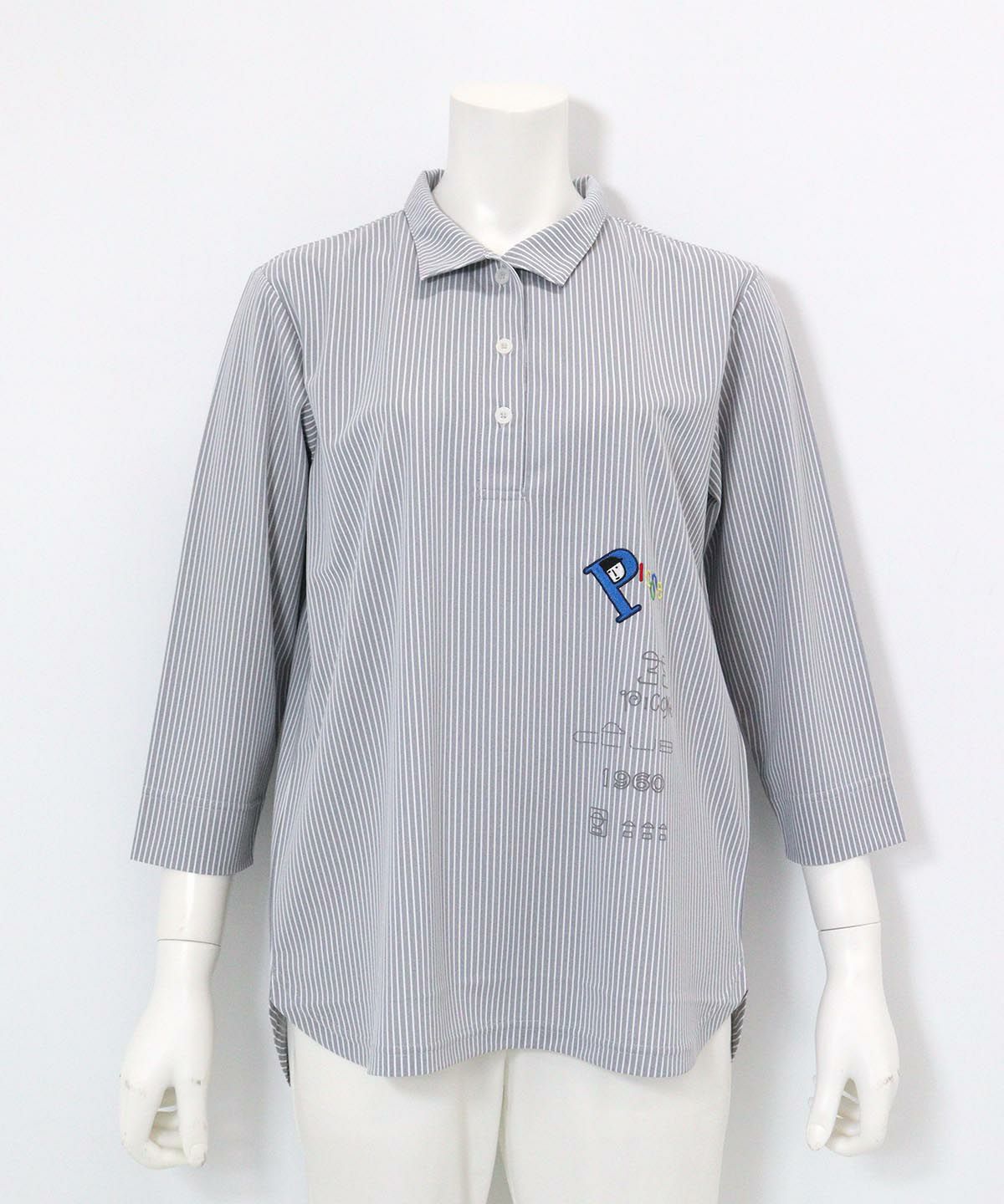 ストライプ柄七分袖シャツ(ネイビー)前