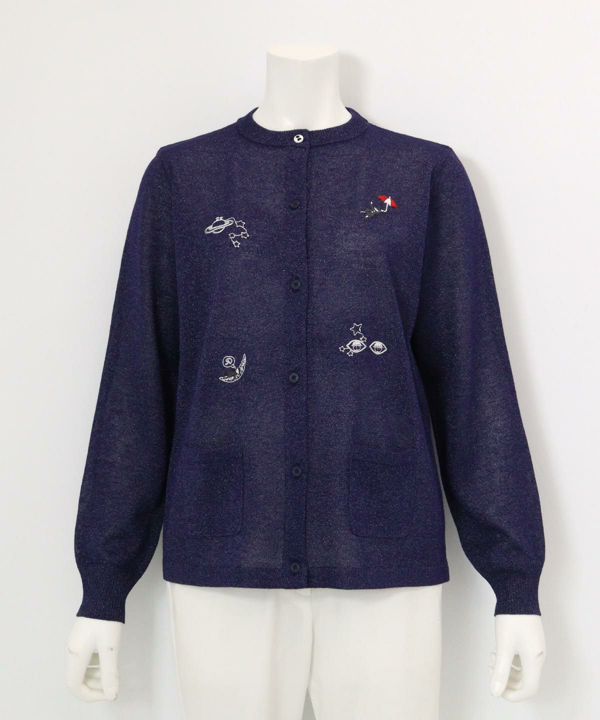 ラメニット刺繍カーディガン(ネイビー)前