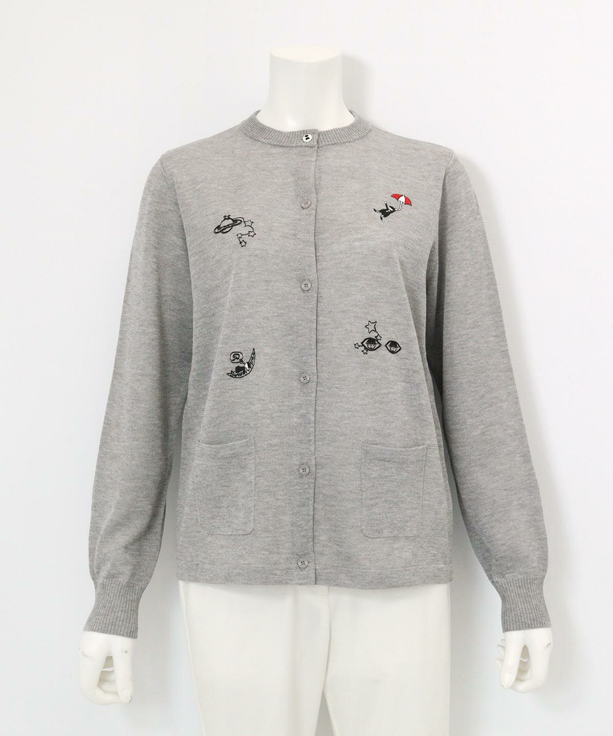 ラメニット刺繍カーディガン(ライトグレー)前