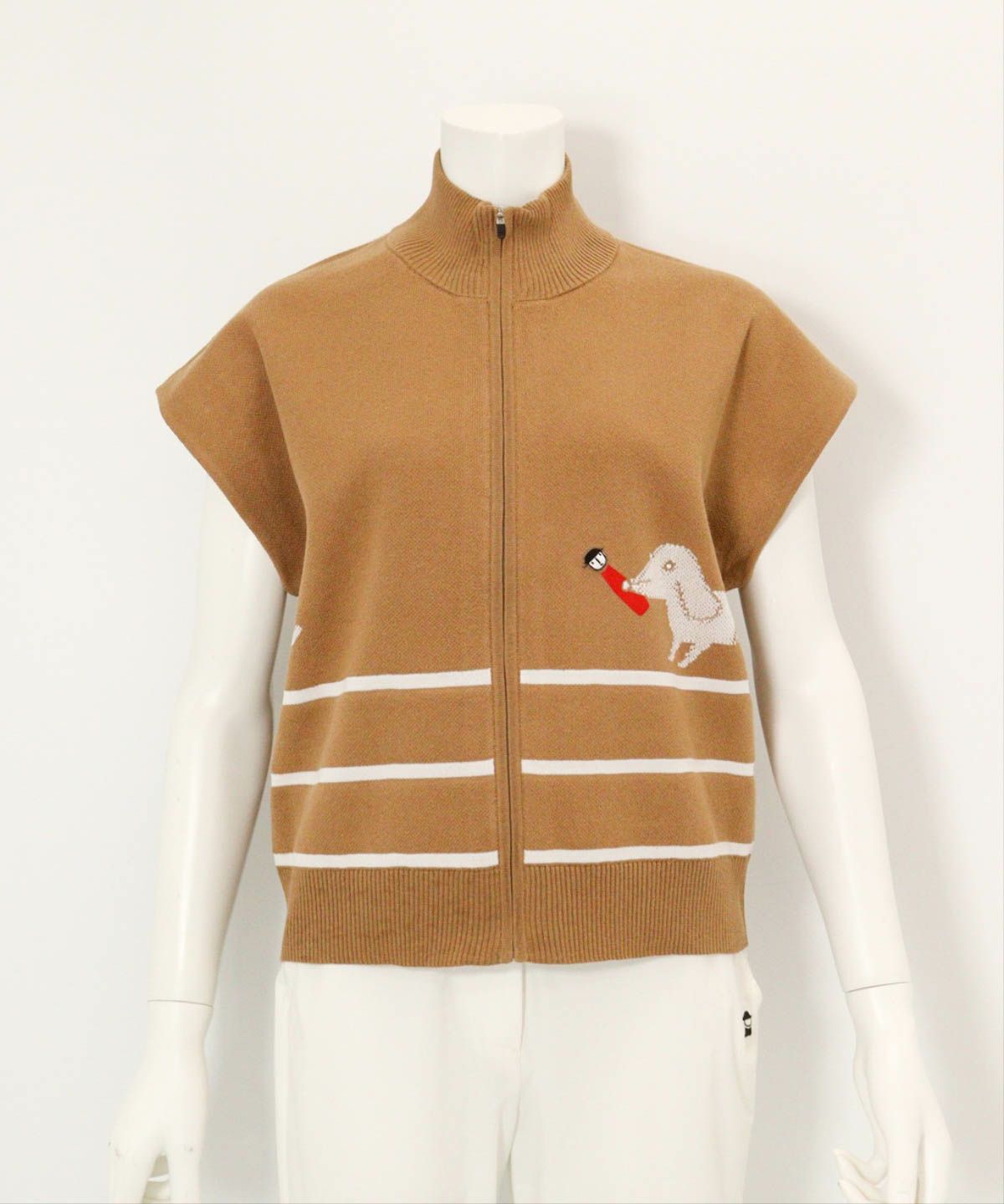  コットン混DOG柄ニットベスト（キャメル）