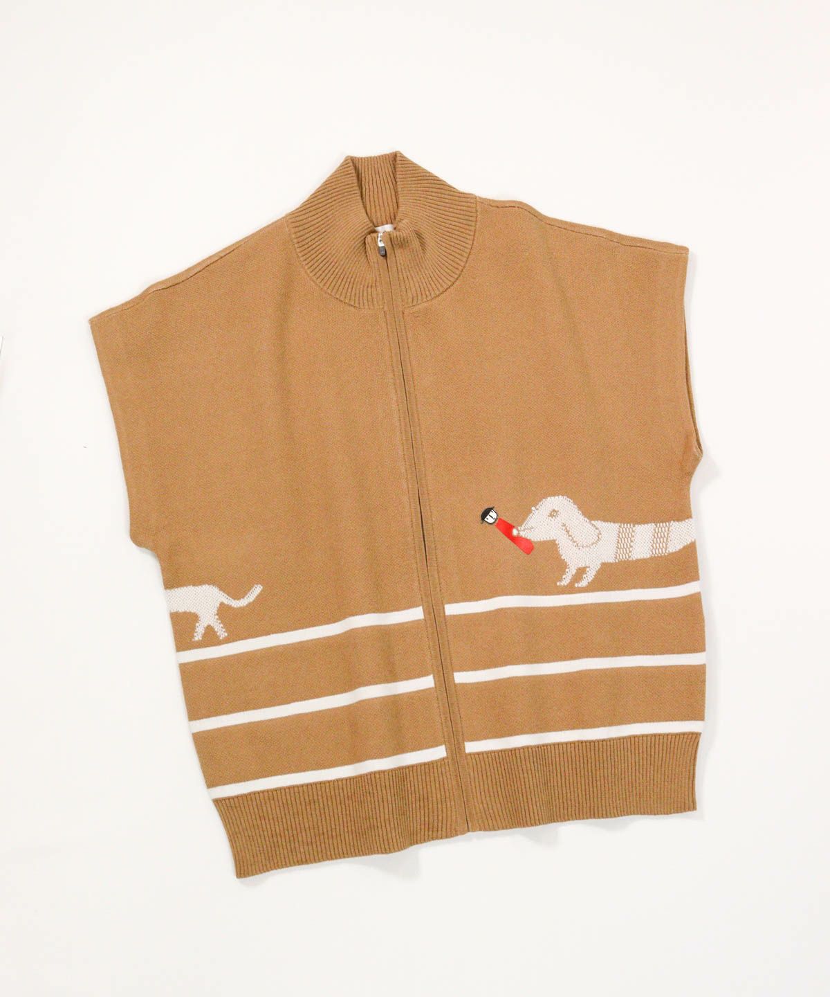  コットン混DOG柄ニットベスト（キャメル）