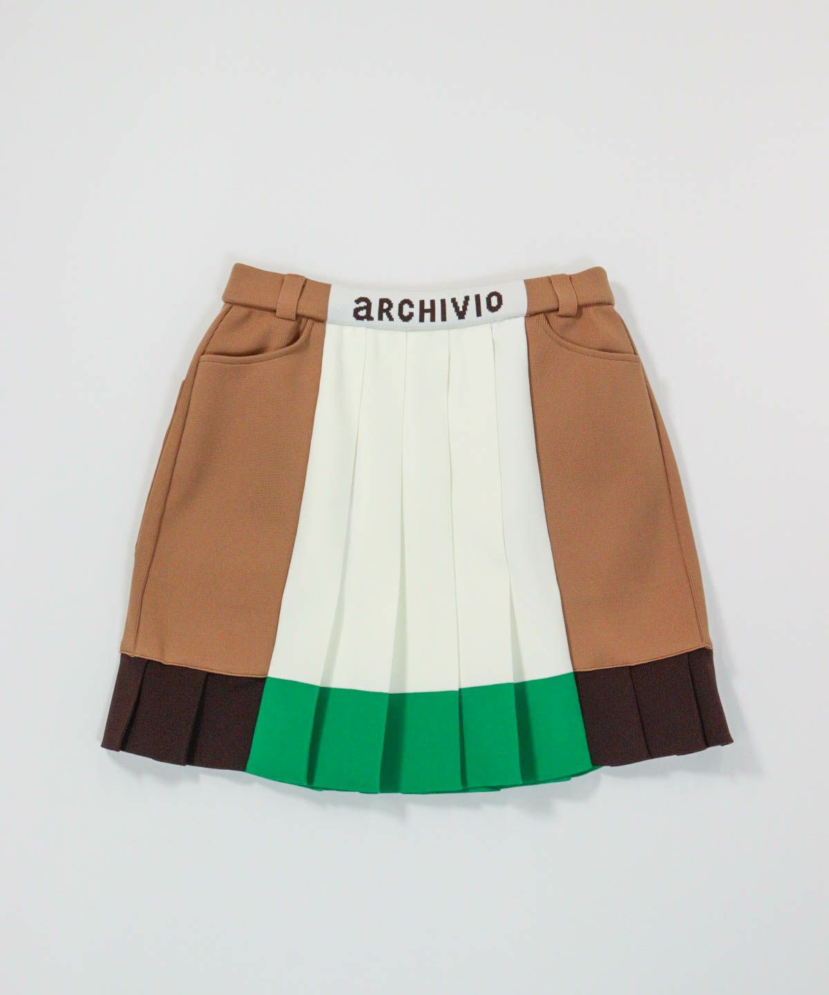  配色ニットプリーツスカート（ホワイト×グリーン）