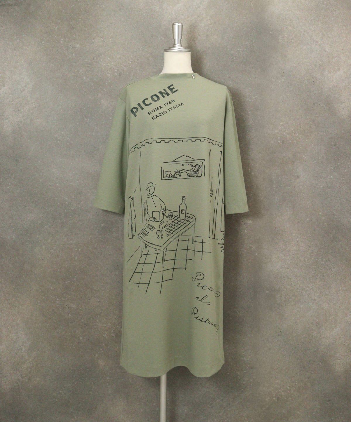 七分袖レストラン柄冷感ワンピース（グリーン）