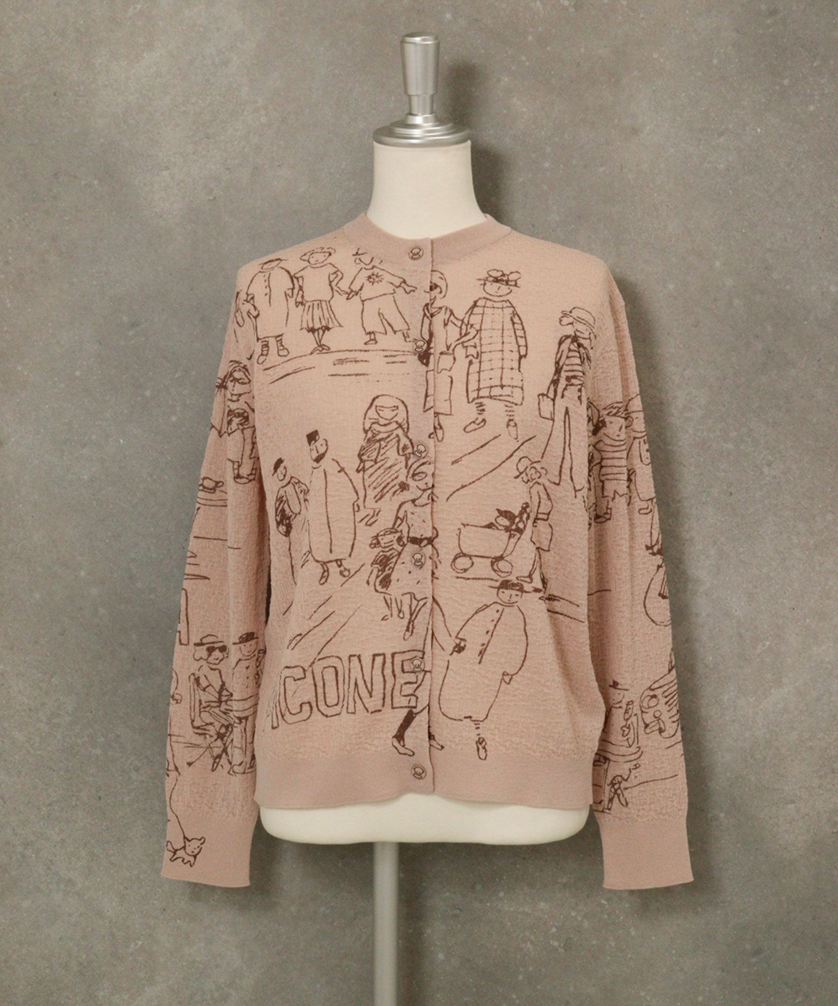 コットン混イラストニットカーディガン(ベージュ)前