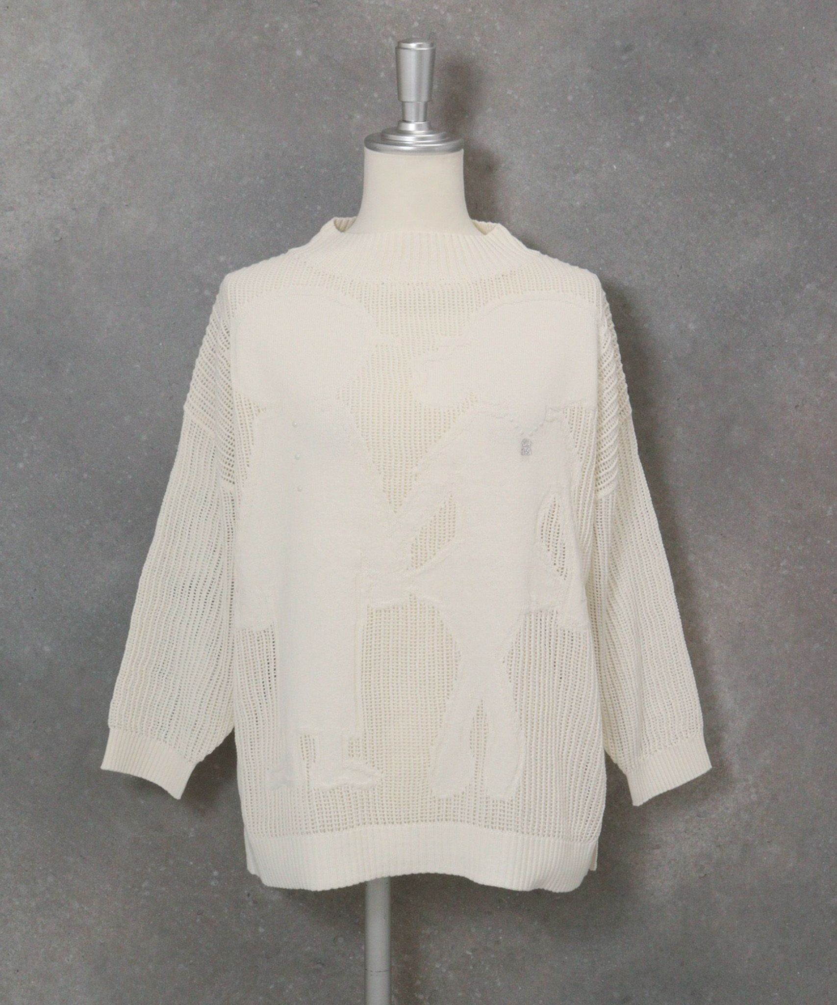 コットン混七分袖メッシュニット(ホワイト)前